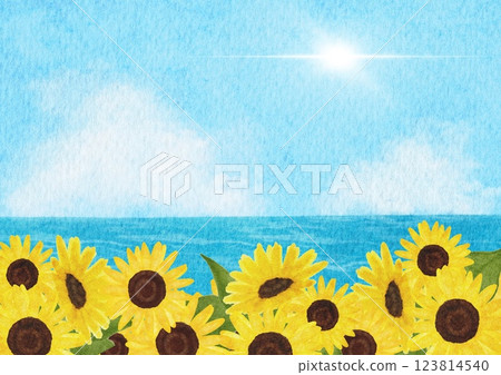 Watercolor illustration of the sea, sunflowers, sky and sun Watercolor illustration of the sea, sunflowers, sky and sun 123814540