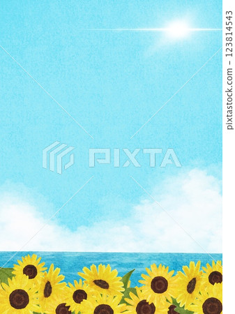 Watercolor illustration of the sea, sunflowers, sky and sun Watercolor illustration of the sea, sunflowers, sky and sun 123814543