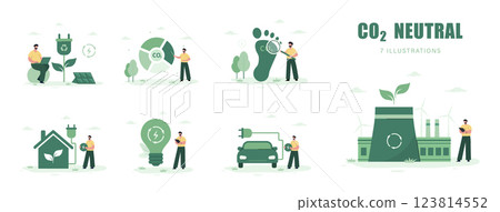 CO2 Neutral. Characters working in green recycling industry. ESG, green energy, sustainable industry. Net zero. Set of Vector illustration in flat cartoon style CO2 Neutral. Characters working in green recycling industry. ESG, green energy, sustainable industry. Net zero. Set of Vector illustration in flat cartoon style 123814552