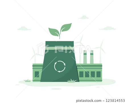 CO2 neutral. Green industrial factory with renewable energy. Low carbon and environmental responsibility concept. Net zero. Vector illustration in flat cartoon style CO2 neutral. Green industrial factory with renewable energy. Low carbon and environmental responsibility concept. Net zero. Vector illustration in flat cartoon style 123814553