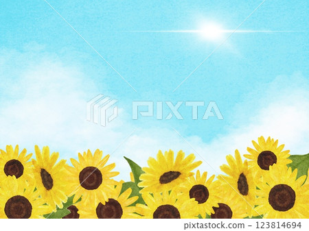 Watercolor illustration of sunflowers, sky and sun Watercolor illustration of sunflowers, sky and sun 123814694