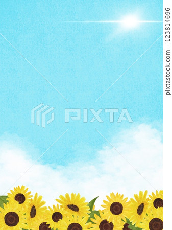 Watercolor illustration of sunflowers, sky and sun Watercolor illustration of sunflowers, sky and sun 123814696