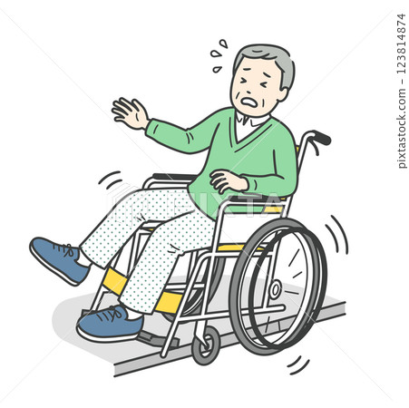 An elderly man sitting in a wheelchair who is about to fall on a step An elderly man sitting in a wheelchair who is about to fall on a step 123814874