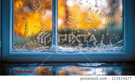Rainy window reflection water droplets 123814877