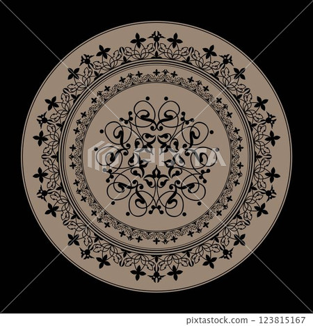 Beautiful Vintage gold round frame with floral ornament, arabesque. Golden plate with lace design. Vintage frame with arabesques. Pattern frame for round surfaces, embroidery, porcelain, ceramics. EPS 123815167