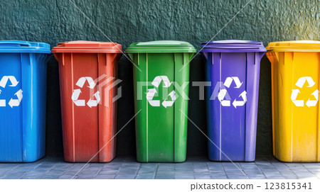 Empty color-coded recycling bins, including paper, plastic, glass, and metal, promoting responsible waste management and sustainability. Empty color-coded recycling bins, including paper, plastic, glass, and metal, promoting responsible waste management and sustainability. 123815341