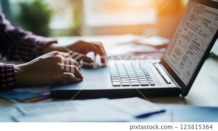 A person using tax software on a laptop to file their taxes online, emphasizing the modern convenience of digital tax preparation. 123815364