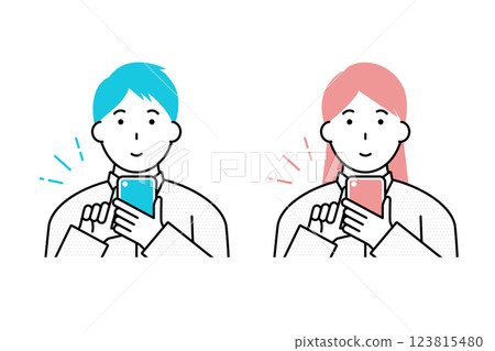 Illustration of a young man and woman using a smartphone 123815480