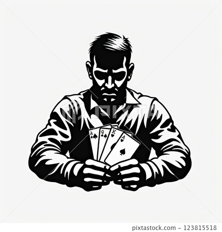 Serious Poker Player Holding Royal Flush in Vintage Illustration Style 123815518