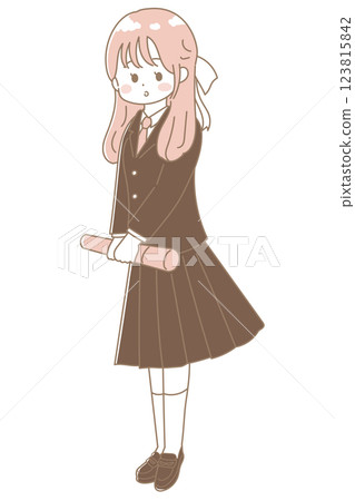 A cute illustration of a high school girl with half-up hair carrying her diploma in a tube. Illustration of a graduation ceremony. 123815842