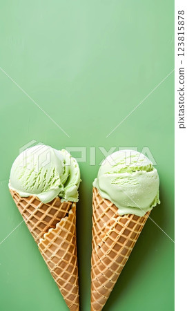 Gellato fruit ice cream on paper cone with matcha and waffle Gellato fruit ice cream on paper cone with matcha and waffle 123815878