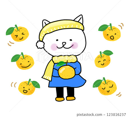 A white cat surrounded by yuzu in winter 123816237