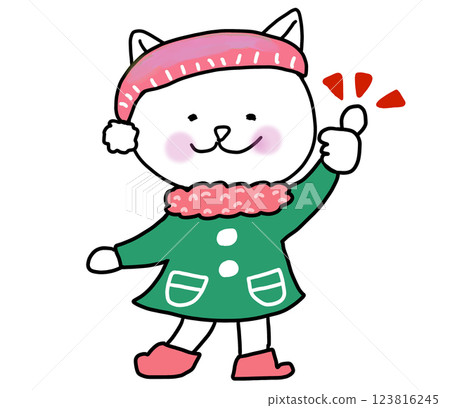 White cat giving thumbs up on a winter day 123816245