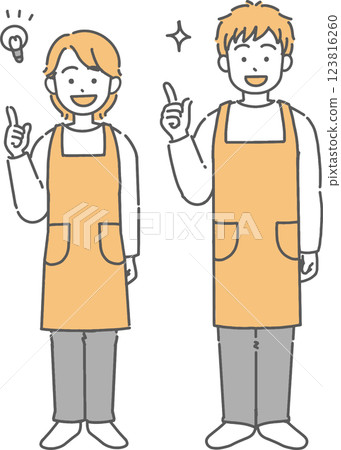 A full-body illustration of a young man and woman wearing an apron who have had an idea 123816260