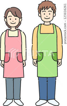 Full-body illustration of a young man and woman wearing an apron Full-body illustration of a young man and woman wearing an apron 123816261