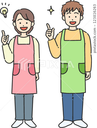 A full-body illustration of a young man and woman wearing an apron who have had an idea A full-body illustration of a young man and woman wearing an apron who have had an idea 123816263