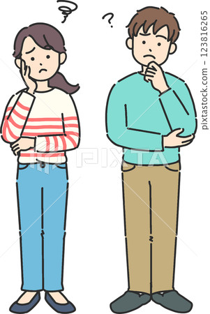 一位年輕男子和一位女子思考的全身插畫 123816265