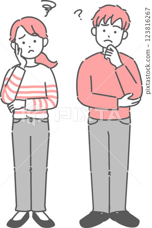 Full-body illustration of a young man and woman thinking Full-body illustration of a young man and woman thinking 123816267