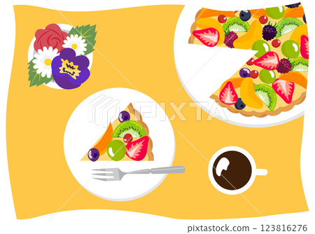 Colorful fruit tarts, coffee and flowers on a table 123816276