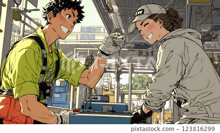 OJT: A supervisor with a focused look on his face instructs a team member on how to operate a machine in a factory environment OJT: A supervisor with a focused look on his face instructs a team member on how to operate a machine in a factory environment 123816299