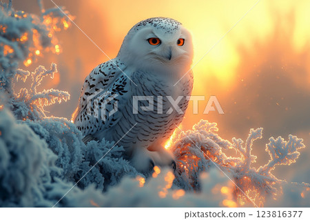 A fantastic snowy owl illuminated by the sunset 123816377