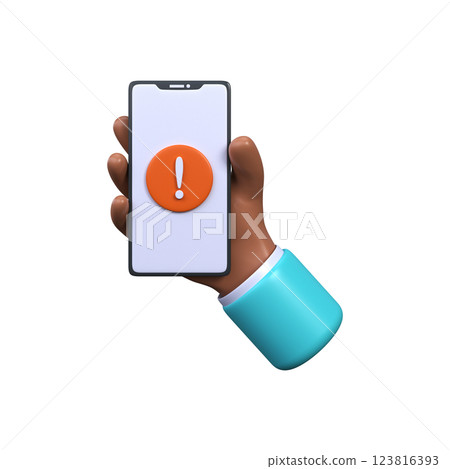 Phone in hand with an exclamation point. Error or spam notification on phone 123816393