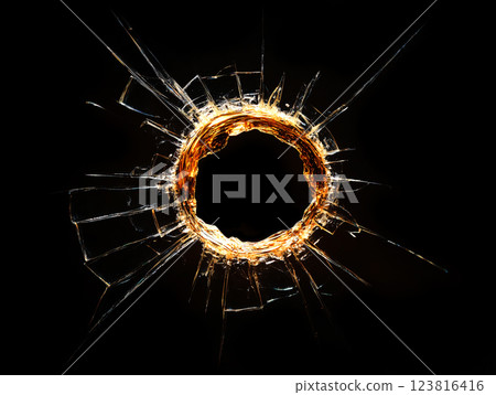 shattered glass with bullet hole in center on dark background. ai generative 123816416