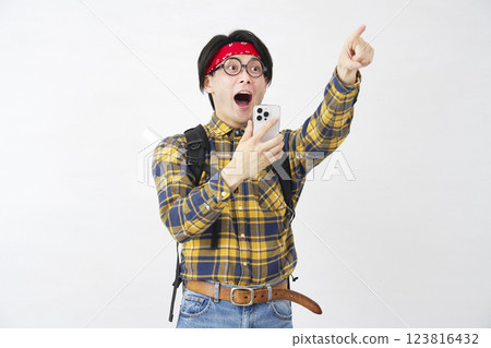 Akihabara-style man discovering something with a smartphone, white background Akihabara-style man discovering something with a smartphone, white background 123816432