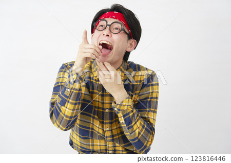 Akihabara-style man pointing up, white background 123816446