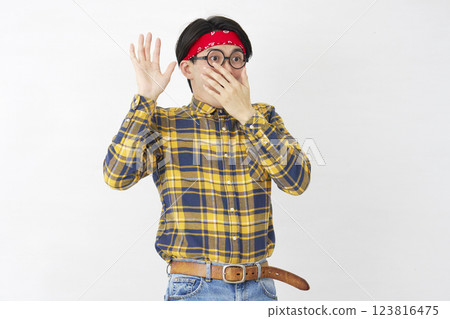 Akihabara-style male, surprised, white background, facing right 123816475