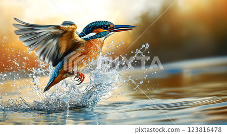 Kingfisher swiftly catching fish in vibrant water splash. ai generative 123816478