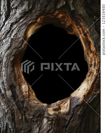 large tree hollow with textured bark creates mysterious, dark opening. ai generative 123816480