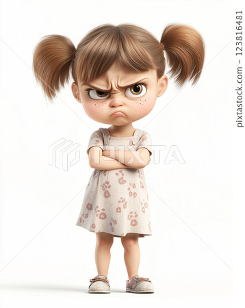 little girl with pigtails stands with arms crossed, looking grumpy. ai generative 123816481