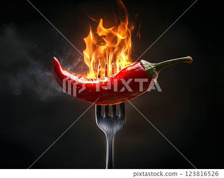 fiery red chili pepper on fork with flames and smoke. ai generative 123816526