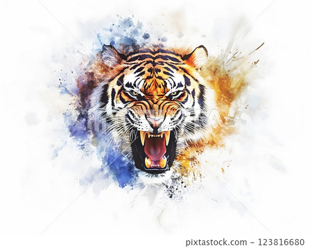 fierce tiger watercolor painting with vibrant splashes of color. ai generative 123816680
