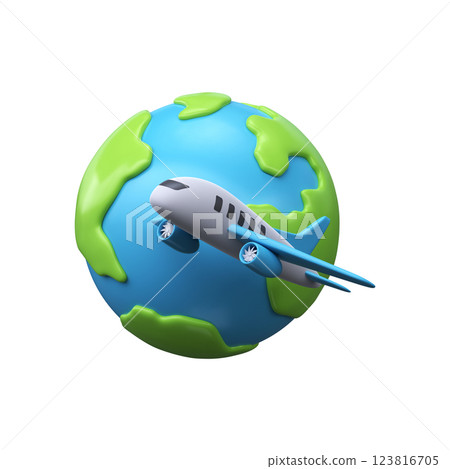 Airplane flies around planet Earth. 3D world travel icon 123816705