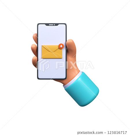 The hand holds the phone with a new letter. New email notification on phone screen. 123816717