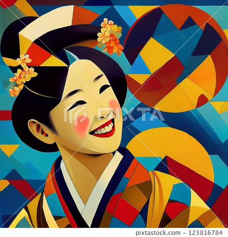 穿著和服的微笑女人插圖 123816784