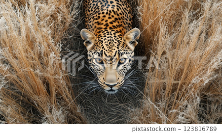 Leopard stealthily ambushing prey in tall grass, showcasing its intense focus. ai generative 123816789