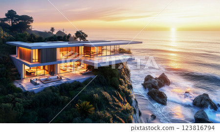 Modern cliffside house overlooking ocean at sunset, with serene ambiance. ai generative 123816794