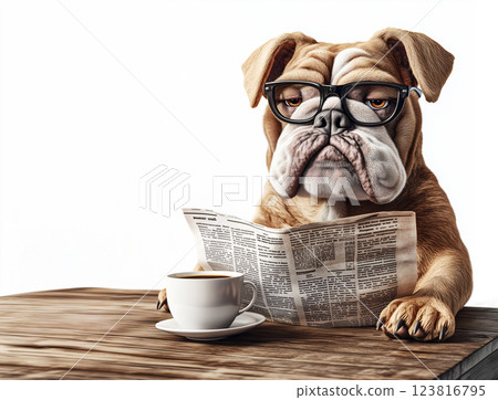 Bulldog wearing glasses reads newspaper with coffee on wooden table. ai generative 123816795