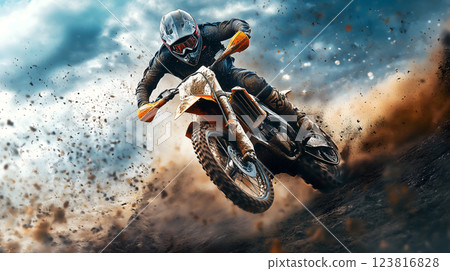 motocross rider speeds through dirt, creating dynamic and thrilling scene. ai generative 123816828
