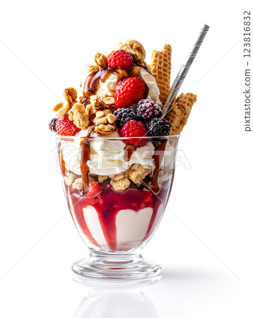 delicious ice cream sundae with berries, nuts, and waffle cones in glass. ai generative 123816832