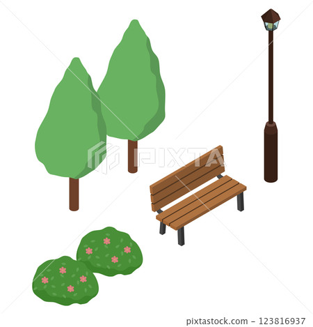 Isometric illustration: bench and street lamp Isometric illustration: bench and street lamp 123816937