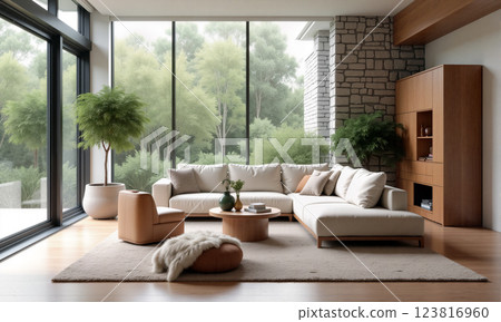 Cozy living room with modern design and large windows overlooking lush greenery 123816960