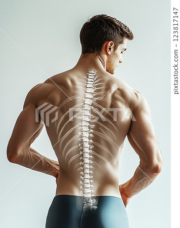muscular man with visible human spine illustration on his back. ai generative muscular man with visible human spine illustration on his back. ai generative 123817147