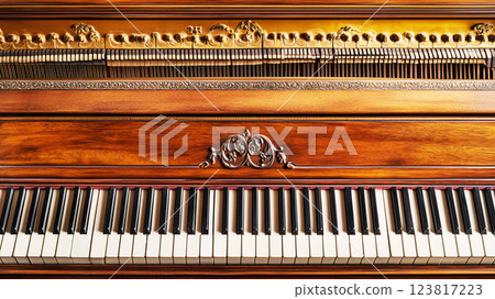 Antique piano with intricate woodwork and keys, showcasing elegant craftsmanship. ai generative 123817223