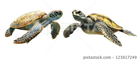 Two sea turtles gracefully swimming isolated on white background. ai generative 123817249