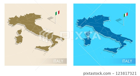 Italy country flag installed on geographic positioning map point of country territory. Italian commonwealth banner on land and sea. Festive patriotic HD format template for independence day Italy country flag installed on geographic positioning map point of country territory. Italian commonwealth banner on land and sea. Festive patriotic HD format template for independence day 123817321
