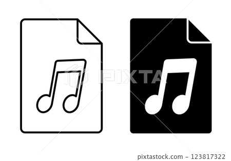 Linear icon. Musical note symbol on piece of paper with folded corner. Audio media file. Simple black and white vector isolated on white background Linear icon. Musical note symbol on piece of paper with folded corner. Audio media file. Simple black and white vector isolated on white background 123817322